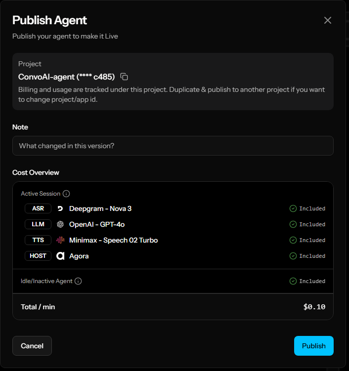 Publish agent panel